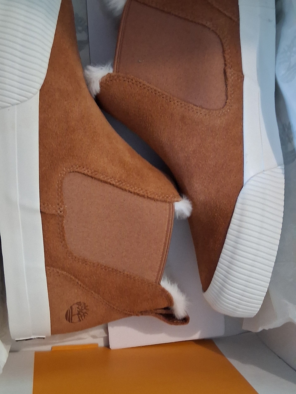 Timberland Chestnut Brown Suede Ankle Booties with White Faux Fur Trim